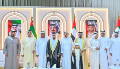 حاكم عجمان يشارك في احتفالات النعيمي والمسيبي في قاعة ‘البيت متوحّد’